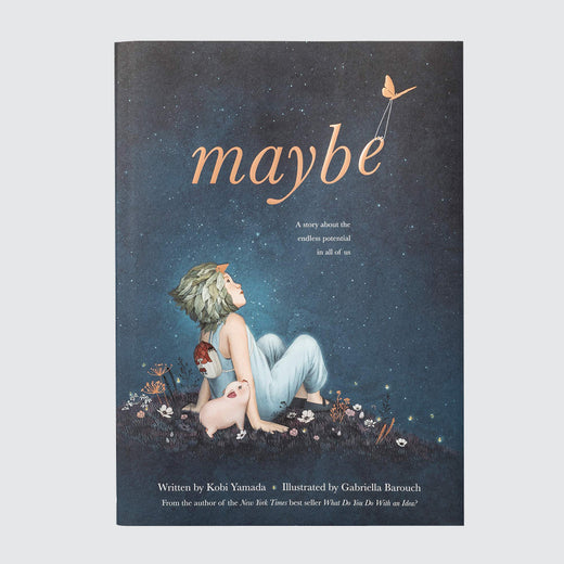 Couverture de livre avec le titre « Maybe », sur laquelle on voit le personnage principal et un petit cochon regardant le ciel nocturne. 