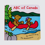 Couverture d'un livre représentant un ours et un ourson ramant dans un canot sur un lac. Comprend le titre « ABC of Canada ».