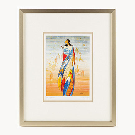 œuvre imprimée montrant une image d’une femme autochtone; l’œuvre est entourée d’un cadre blanc