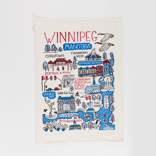 torchon sur lequel on peut voir le texte « Winnipeg » et des illustrations de lieux emblématiques de Winnipeg