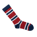 Chaussettes rayées rouge foncé, bleu et gris pâle dépliées.