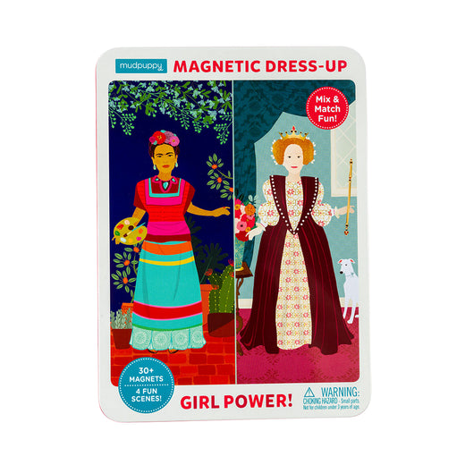 Contenant montrant deux figures féminines historiques différentes. Sur le couvercle on peut lire « Magnetic Dress-Up » et « Girl Power! ».